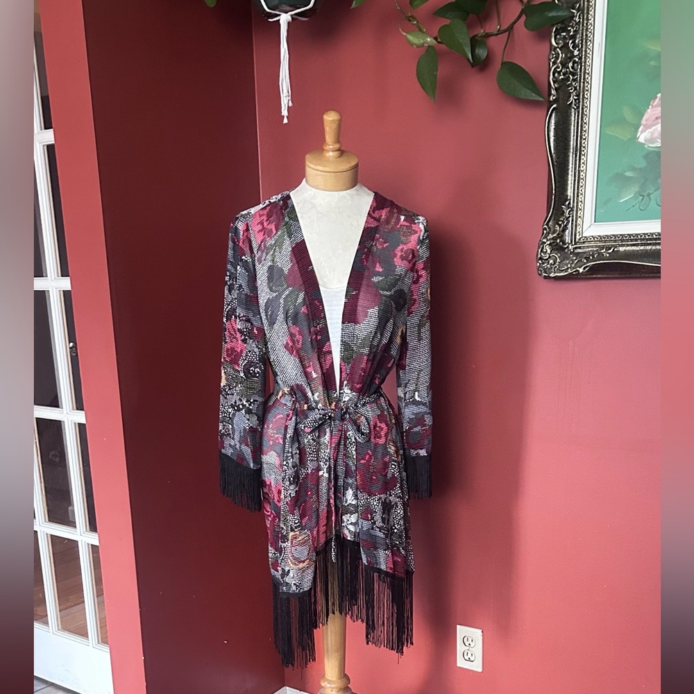 Fringed Floral Kimono Cardigan - Picture 4 of 7